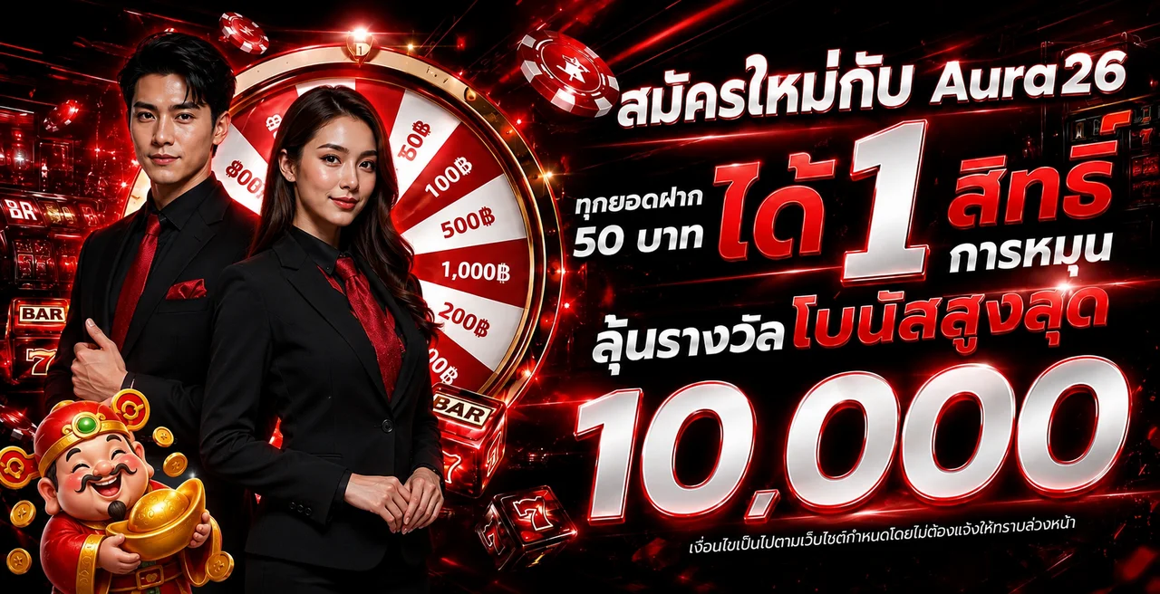 แบนเนอร์สมัคร Aura26 โทนแดงดำพร้อมวงล้อรางวัล